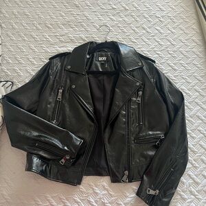 DKNY Shiny Black Leather Biker Jacket
